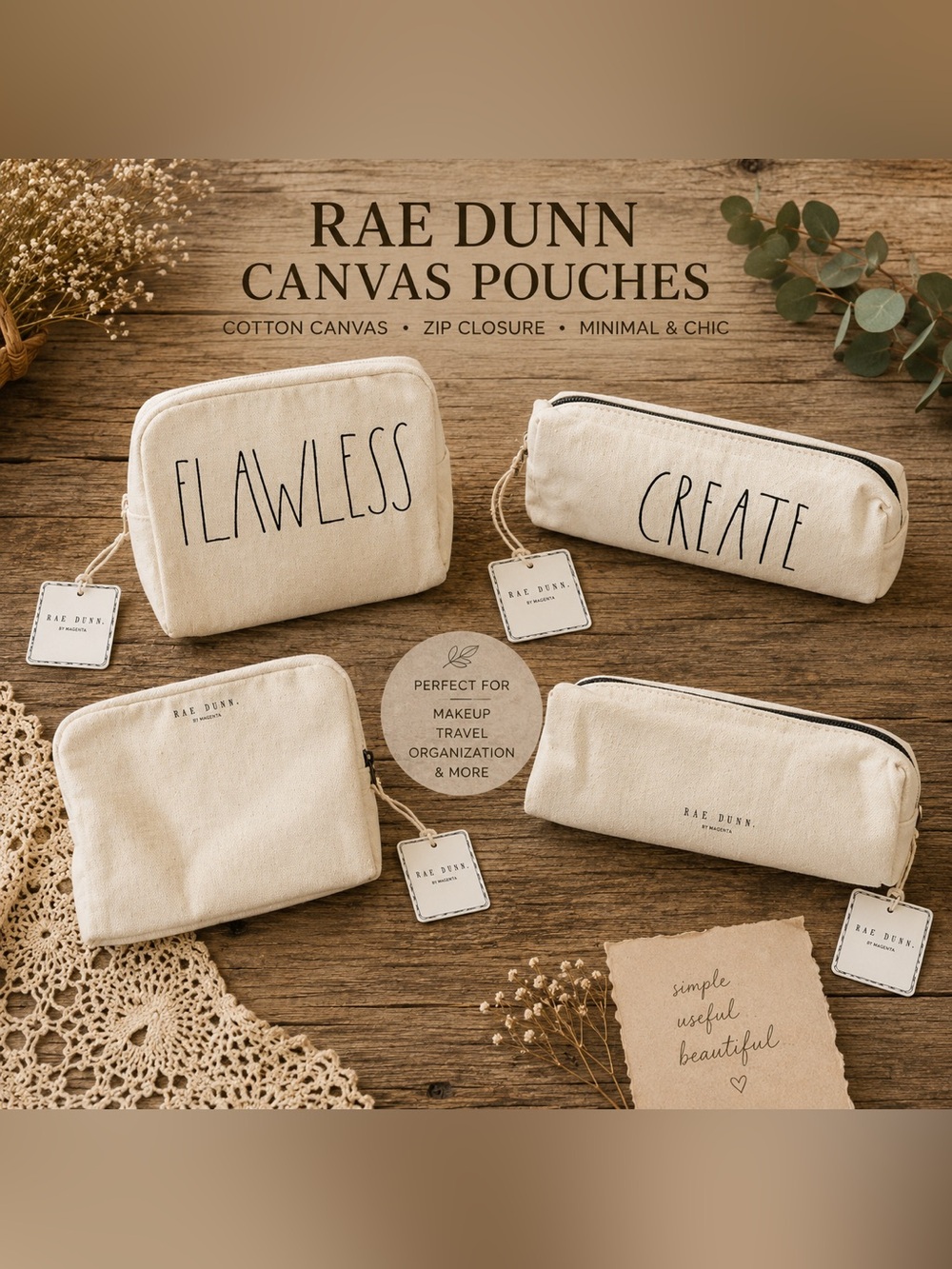 Rae Dunn FLAWLESS & Create Canvas Bag&Pouch Set 2